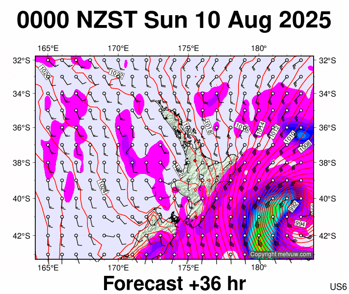 North Island forecast chart for Saturday, August 9th, 2025 at 12:00 PM