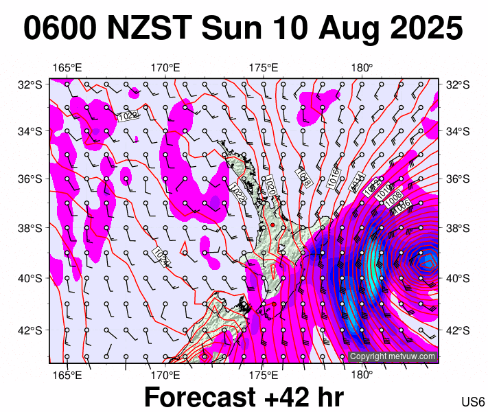 North Island forecast chart for Saturday, August 9th, 2025 at 6:00 PM
