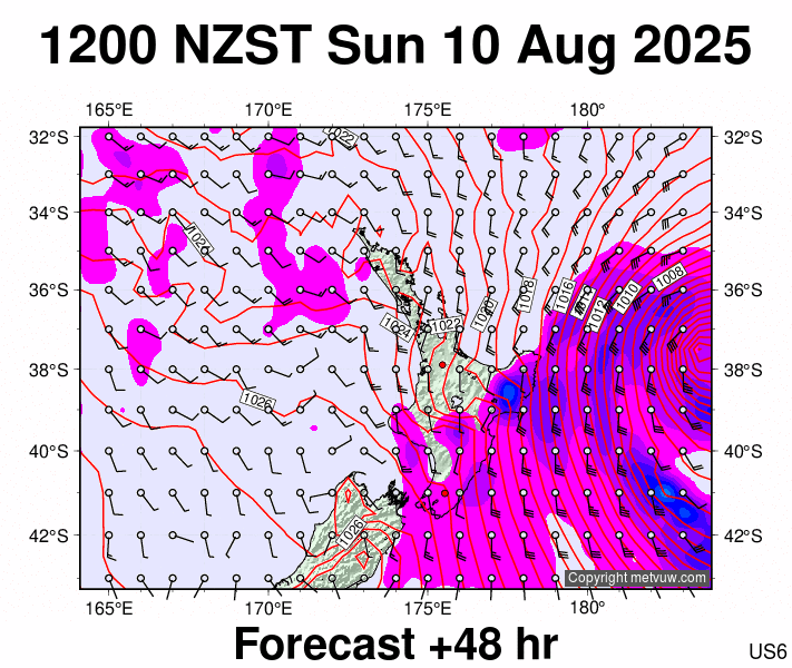 North Island forecast chart for Sunday, August 10th, 2025 at 12:00 AM