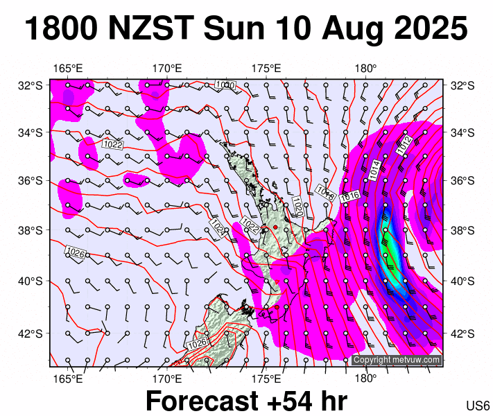 North Island forecast chart for Sunday, August 10th, 2025 at 6:00 AM