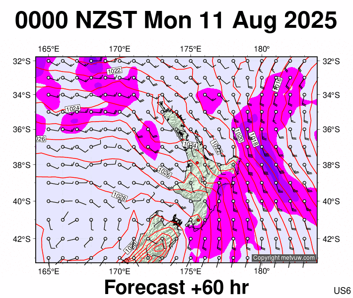 North Island forecast chart for Sunday, August 10th, 2025 at 12:00 PM