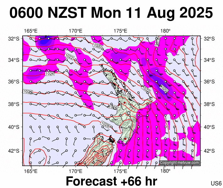 North Island forecast chart for Sunday, August 10th, 2025 at 6:00 PM