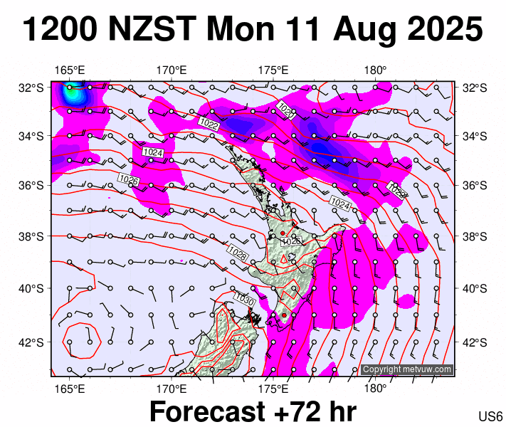 North Island forecast chart for Monday, August 11th, 2025 at 12:00 AM