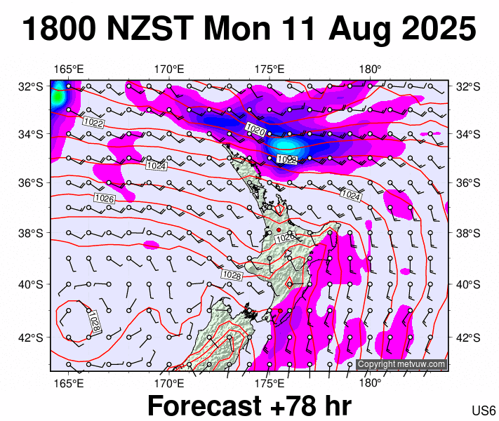 North Island forecast chart for Monday, August 11th, 2025 at 6:00 AM