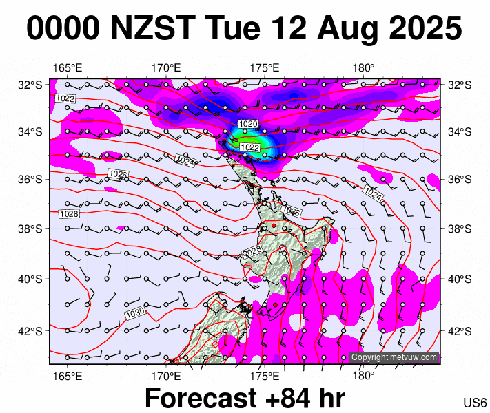 North Island forecast chart for Monday, August 11th, 2025 at 12:00 PM