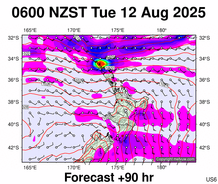 North Island forecast chart for Monday, August 11th, 2025 at 6:00 PM