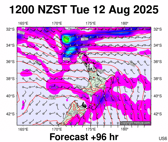 North Island forecast chart for Tuesday, August 12th, 2025 at 12:00 AM