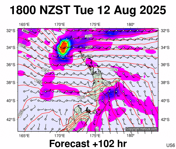 North Island forecast chart for Tuesday, August 12th, 2025 at 6:00 AM