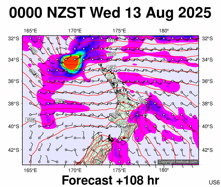 North Island forecast chart for Tuesday, August 12th, 2025 at 12:00 PM