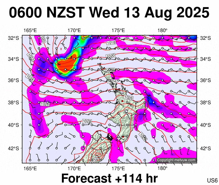 North Island forecast chart for Tuesday, August 12th, 2025 at 6:00 PM
