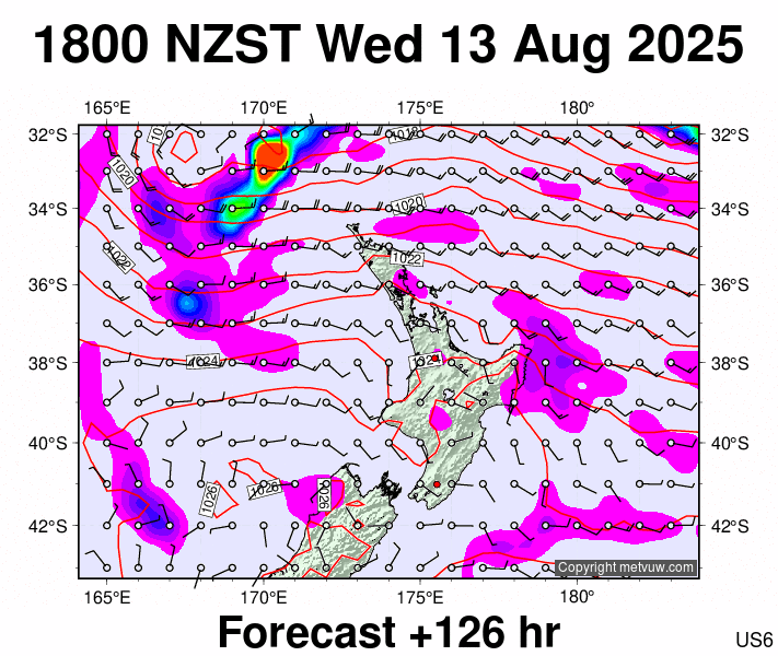 North Island forecast chart for Wednesday, August 13th, 2025 at 6:00 AM