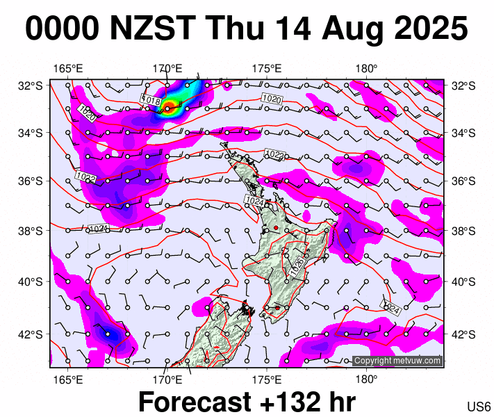 North Island forecast chart for Wednesday, August 13th, 2025 at 12:00 PM