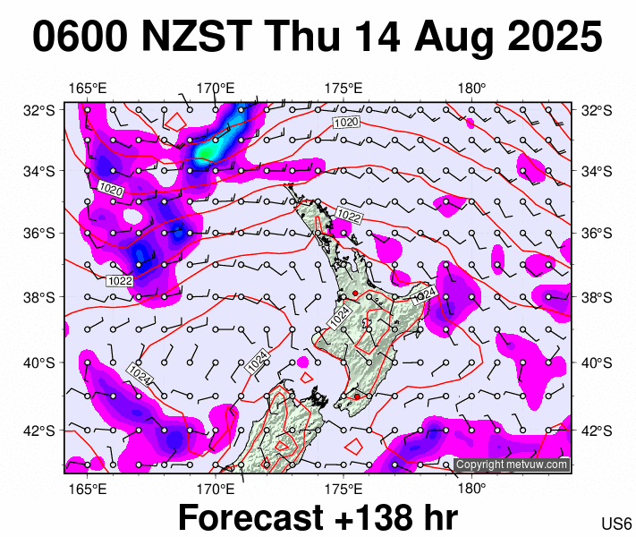 North Island forecast chart for Wednesday, August 13th, 2025 at 6:00 PM