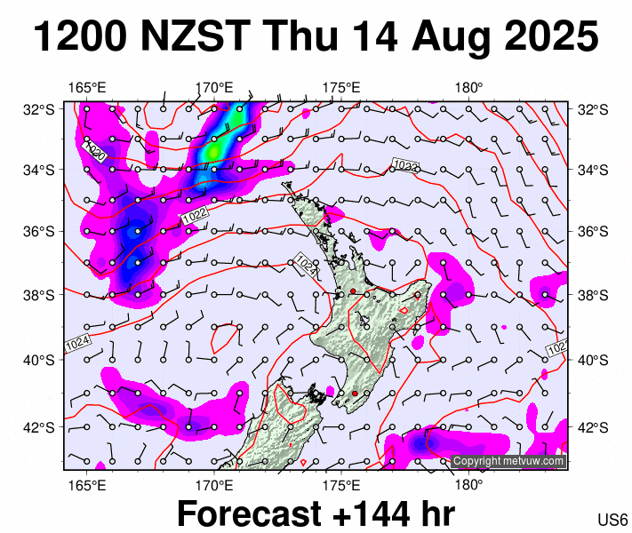 North Island forecast chart for Thursday, August 14th, 2025 at 12:00 AM