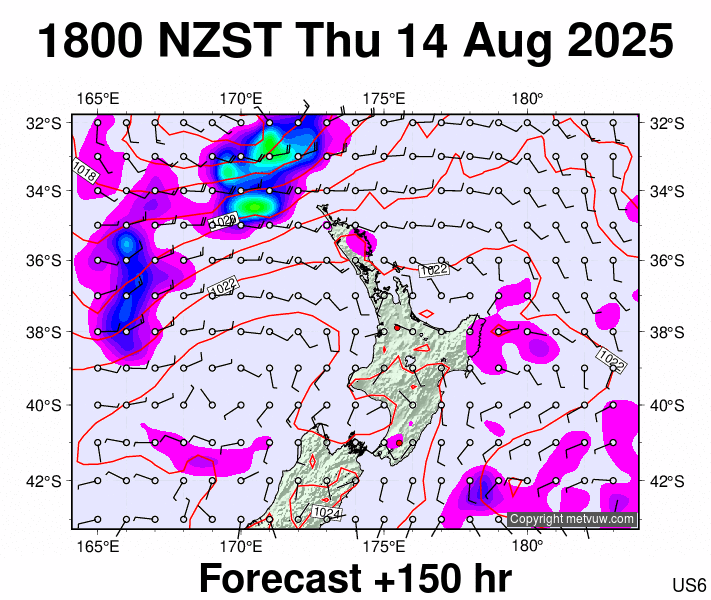 North Island forecast chart for Thursday, August 14th, 2025 at 6:00 AM