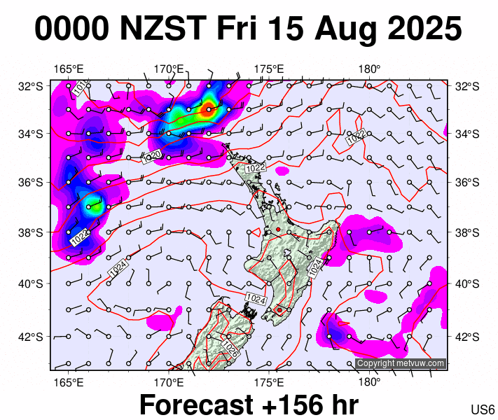 North Island forecast chart for Thursday, August 14th, 2025 at 12:00 PM