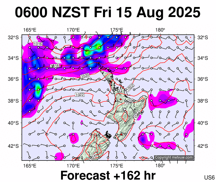 North Island forecast chart for Thursday, August 14th, 2025 at 6:00 PM