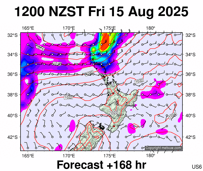 North Island forecast chart for Friday, August 15th, 2025 at 12:00 AM