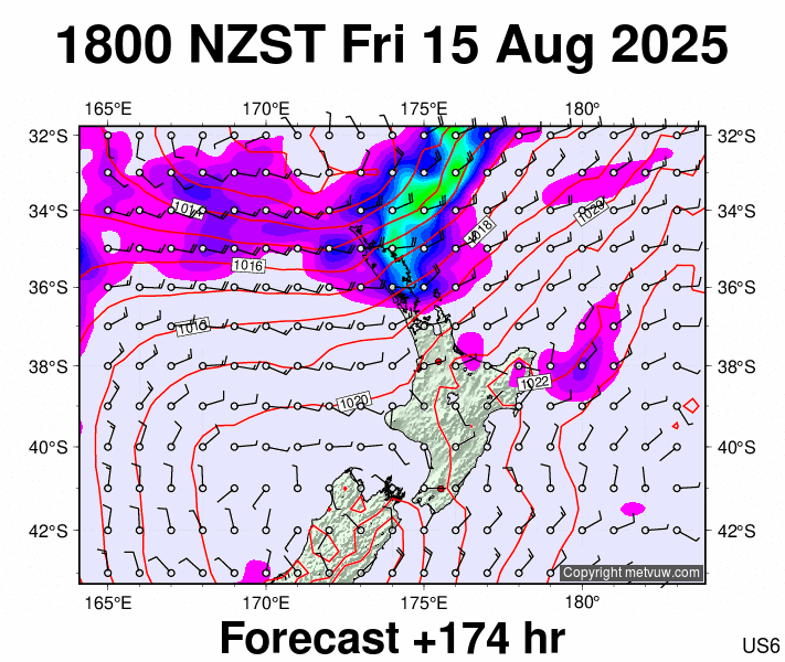 North Island forecast chart for Friday, August 15th, 2025 at 6:00 AM