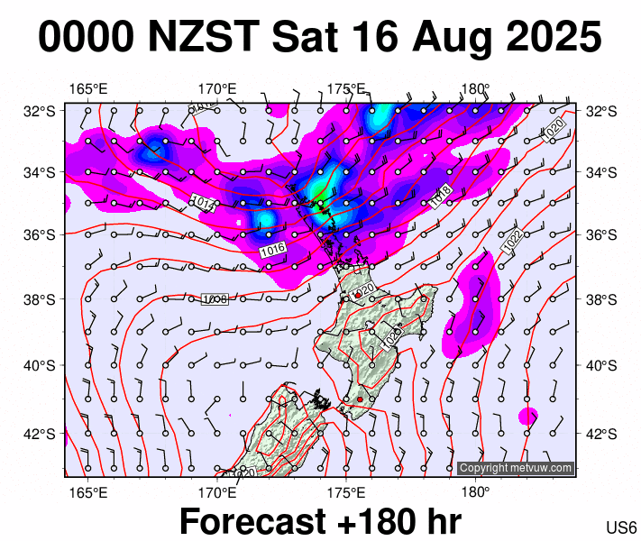 North Island forecast chart for Friday, August 15th, 2025 at 12:00 PM