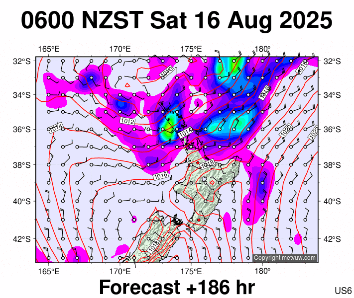 North Island forecast chart for Friday, August 15th, 2025 at 6:00 PM