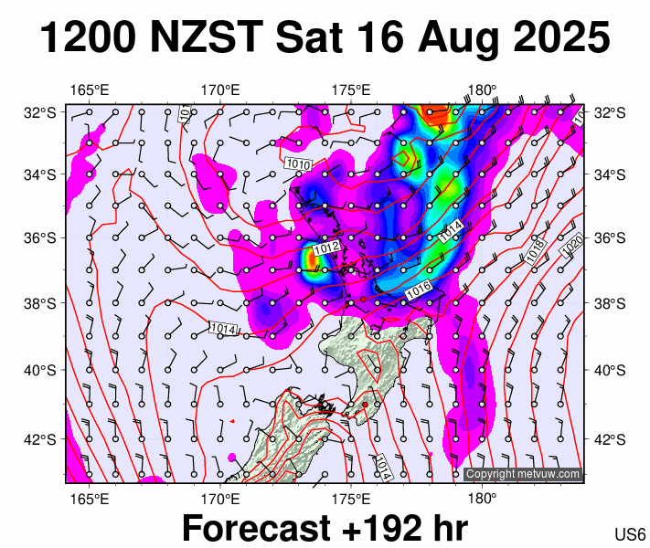 North Island forecast chart for Saturday, August 16th, 2025 at 12:00 AM