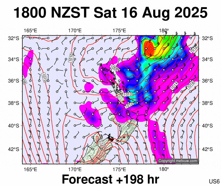 North Island forecast chart for Saturday, August 16th, 2025 at 6:00 AM