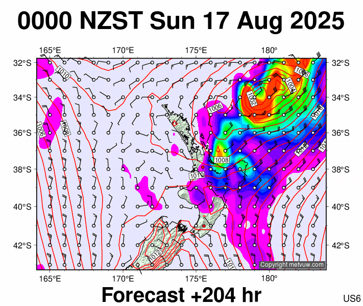 North Island forecast chart for Saturday, August 16th, 2025 at 12:00 PM