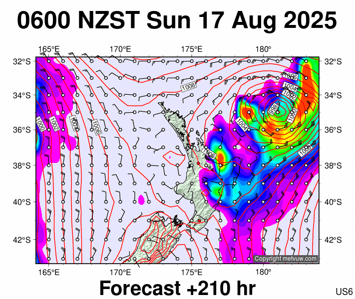 North Island forecast chart for Saturday, August 16th, 2025 at 6:00 PM