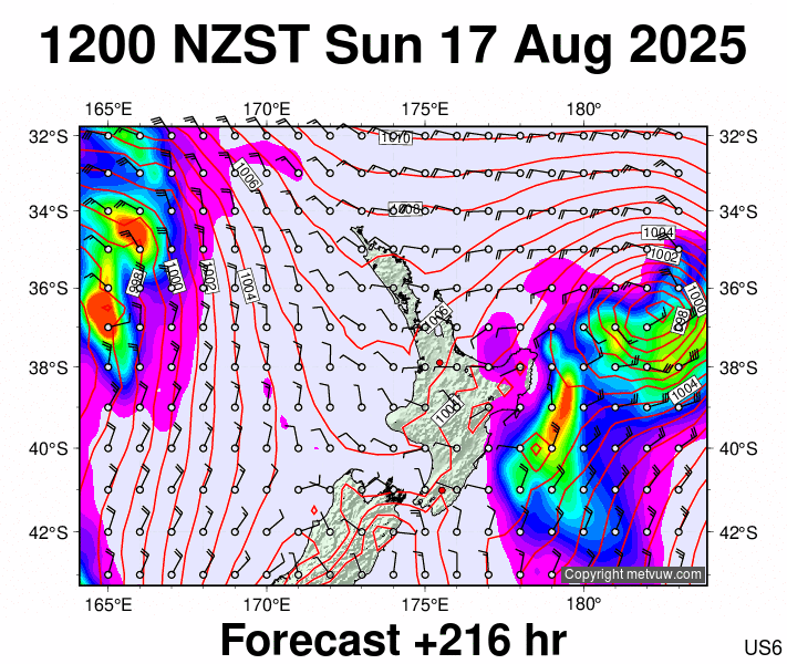 North Island forecast chart for Sunday, August 17th, 2025 at 12:00 AM