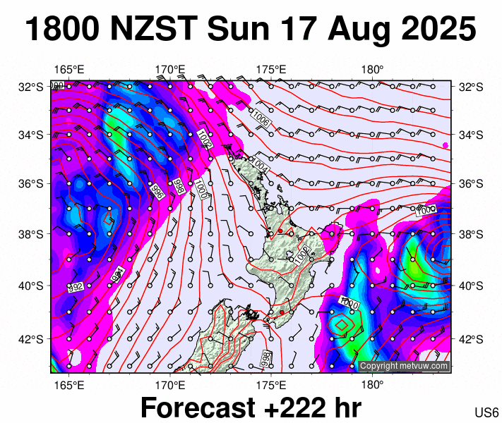 North Island forecast chart for Sunday, August 17th, 2025 at 6:00 AM