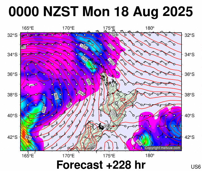 North Island forecast chart for Sunday, August 17th, 2025 at 12:00 PM