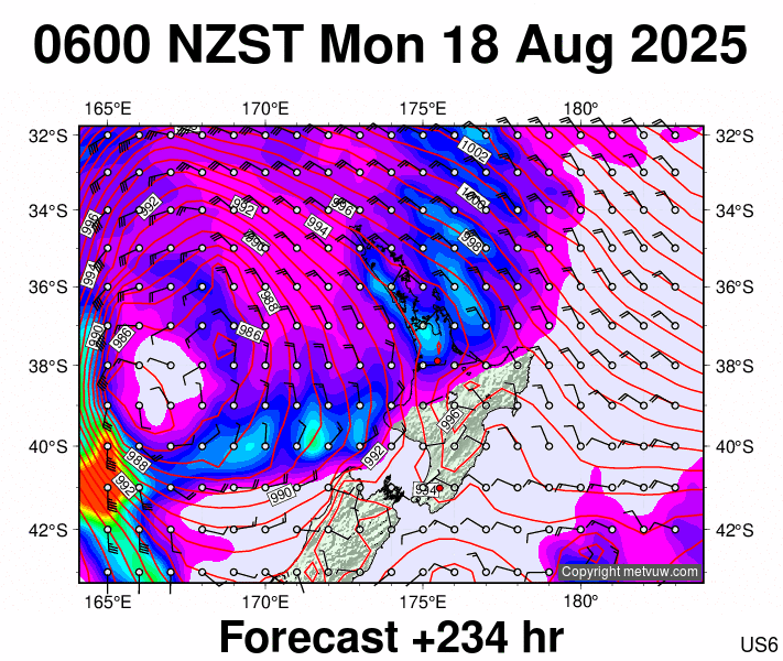 North Island forecast chart for Sunday, August 17th, 2025 at 6:00 PM