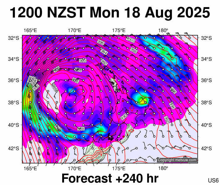 North Island forecast chart for Monday, August 18th, 2025 at 12:00 AM