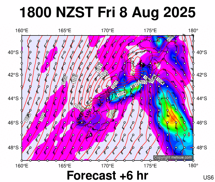 South Island forecast chart for Friday, August 8th, 2025 at 6:00 AM