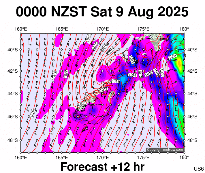 South Island forecast chart for Friday, August 8th, 2025 at 12:00 PM