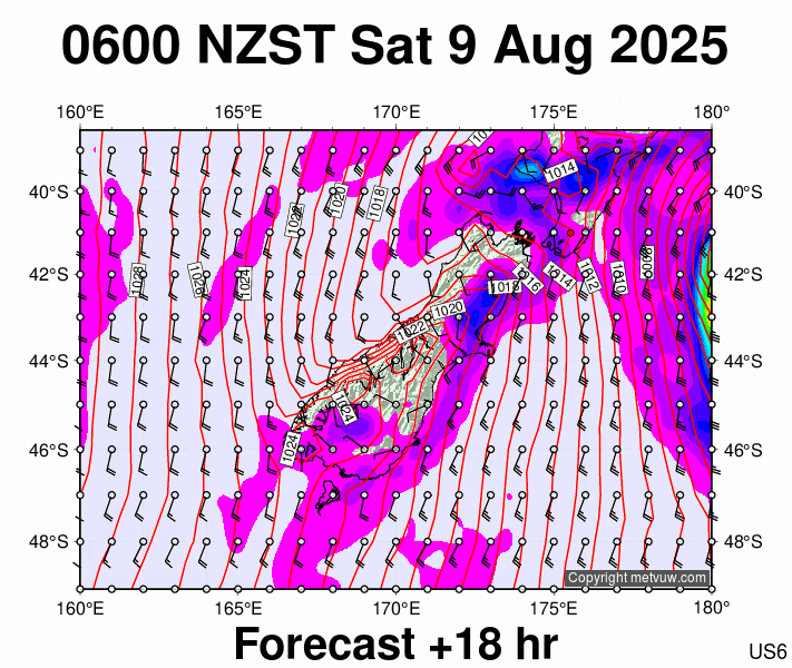 South Island forecast chart for Friday, August 8th, 2025 at 6:00 PM