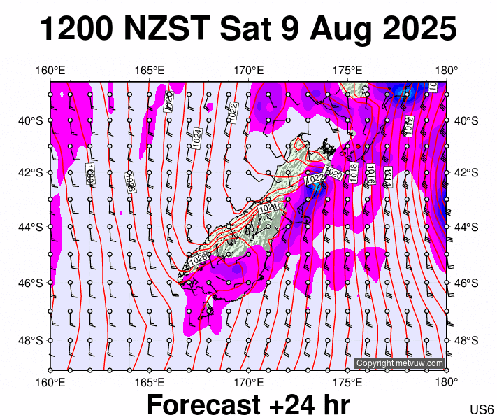 South Island forecast chart for Saturday, August 9th, 2025 at 12:00 AM