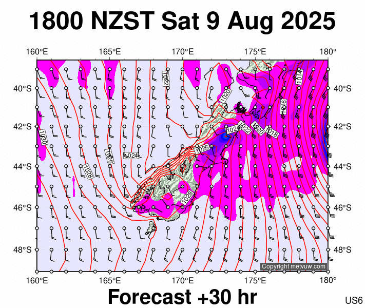 South Island forecast chart for Saturday, August 9th, 2025 at 6:00 AM