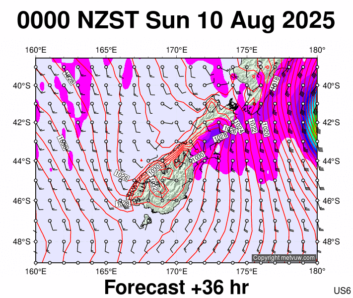 South Island forecast chart for Saturday, August 9th, 2025 at 12:00 PM