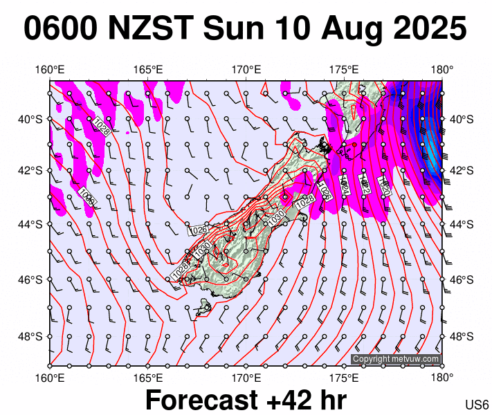 South Island forecast chart for Saturday, August 9th, 2025 at 6:00 PM