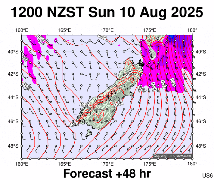 South Island forecast chart for Sunday, August 10th, 2025 at 12:00 AM