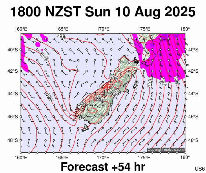 South Island forecast chart for Sunday, August 10th, 2025 at 6:00 AM