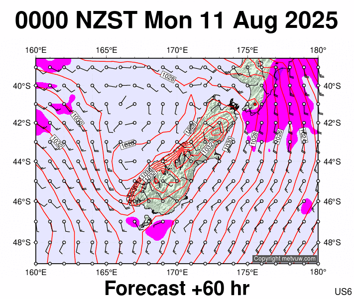 South Island forecast chart for Sunday, August 10th, 2025 at 12:00 PM
