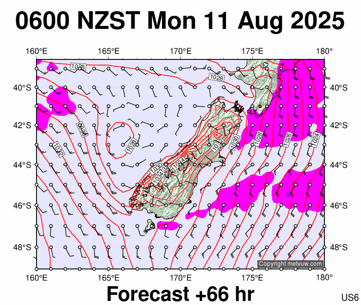 South Island forecast chart for Sunday, August 10th, 2025 at 6:00 PM