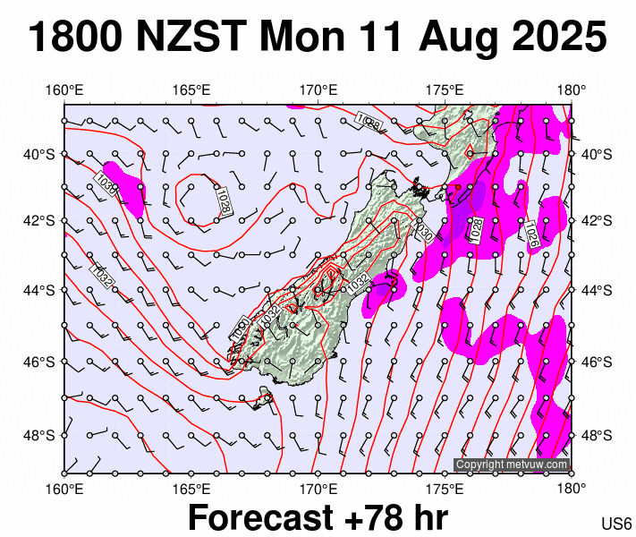 South Island forecast chart for Monday, August 11th, 2025 at 6:00 AM