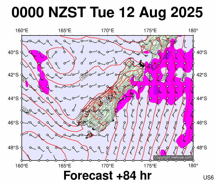 South Island forecast chart for Monday, August 11th, 2025 at 12:00 PM