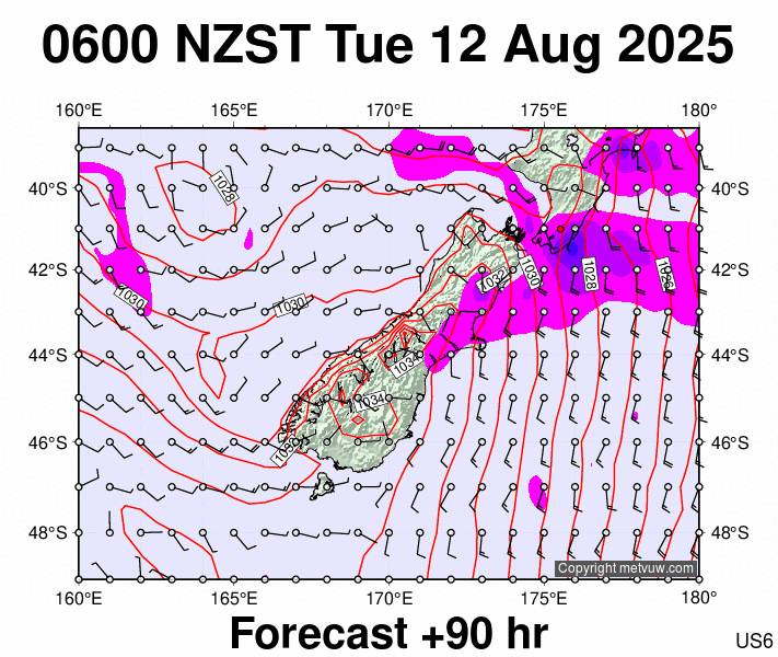South Island forecast chart for Monday, August 11th, 2025 at 6:00 PM