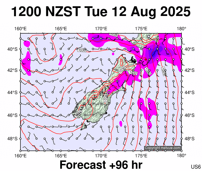 South Island forecast chart for Tuesday, August 12th, 2025 at 12:00 AM
