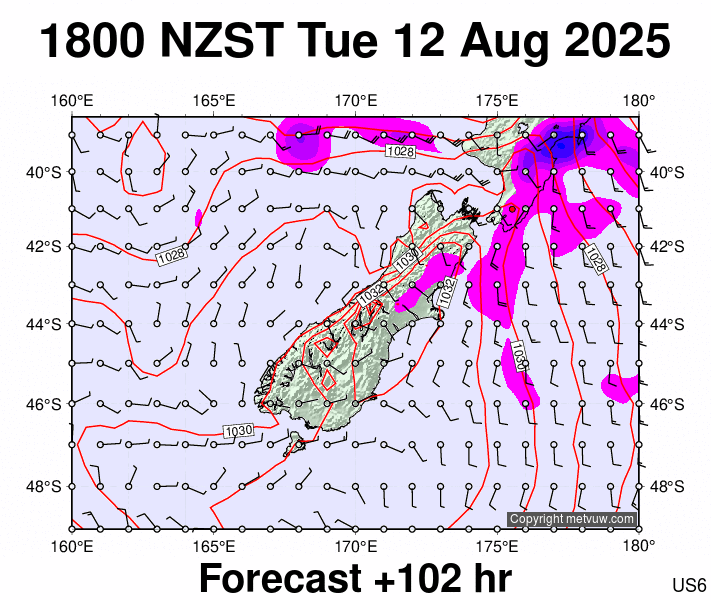 South Island forecast chart for Tuesday, August 12th, 2025 at 6:00 AM